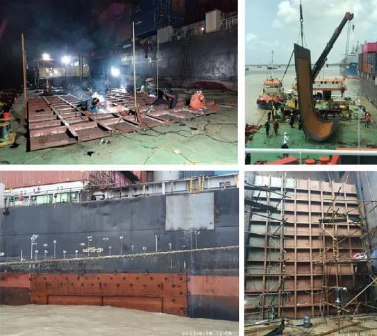 Image 1: "Workers welding metal plates to Haian City’s damaged hull." Image 2: "Crew aligning temporary patch on ship’s breached section." Image 3: "Crane lifting steel reinforcement for Haian City repair." Image 4: "Final reinforced hull patch on Haian City post-repair."